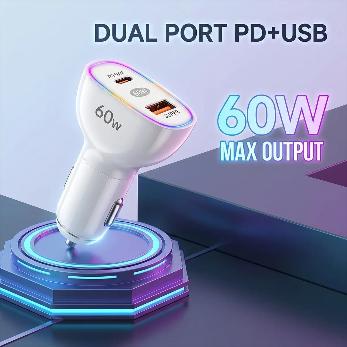 Caricabatterie da auto rapido da 60W con doppia porta USB C e USB A, Quick Charge 3.0, adattatore PD 12V-24V, stazione di ricarica universale per auto per iPhone