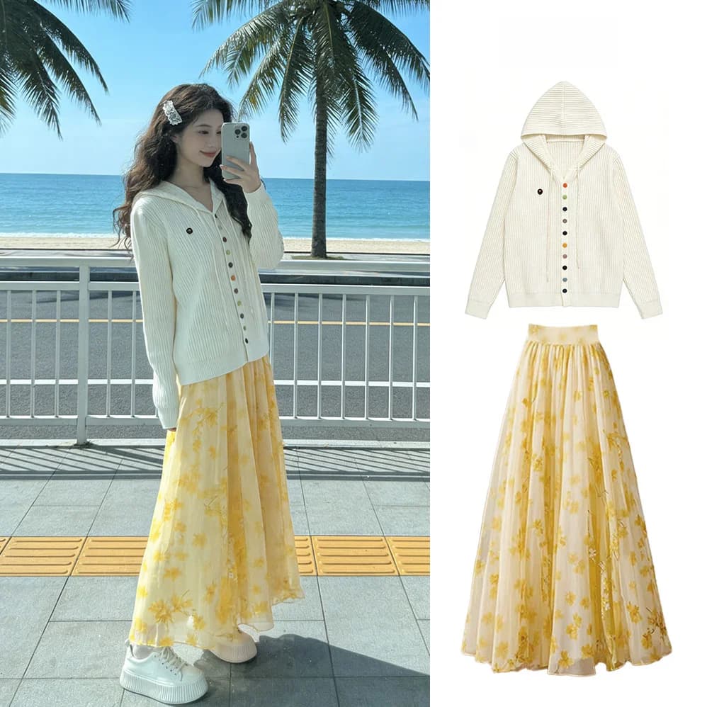 Set Moda Primaverile Dopamine per Donna: Cappello Lavorato a Maglia e Gonna Floreale Abbinata con Felpa a Maniche Lunghe, Stile Casual