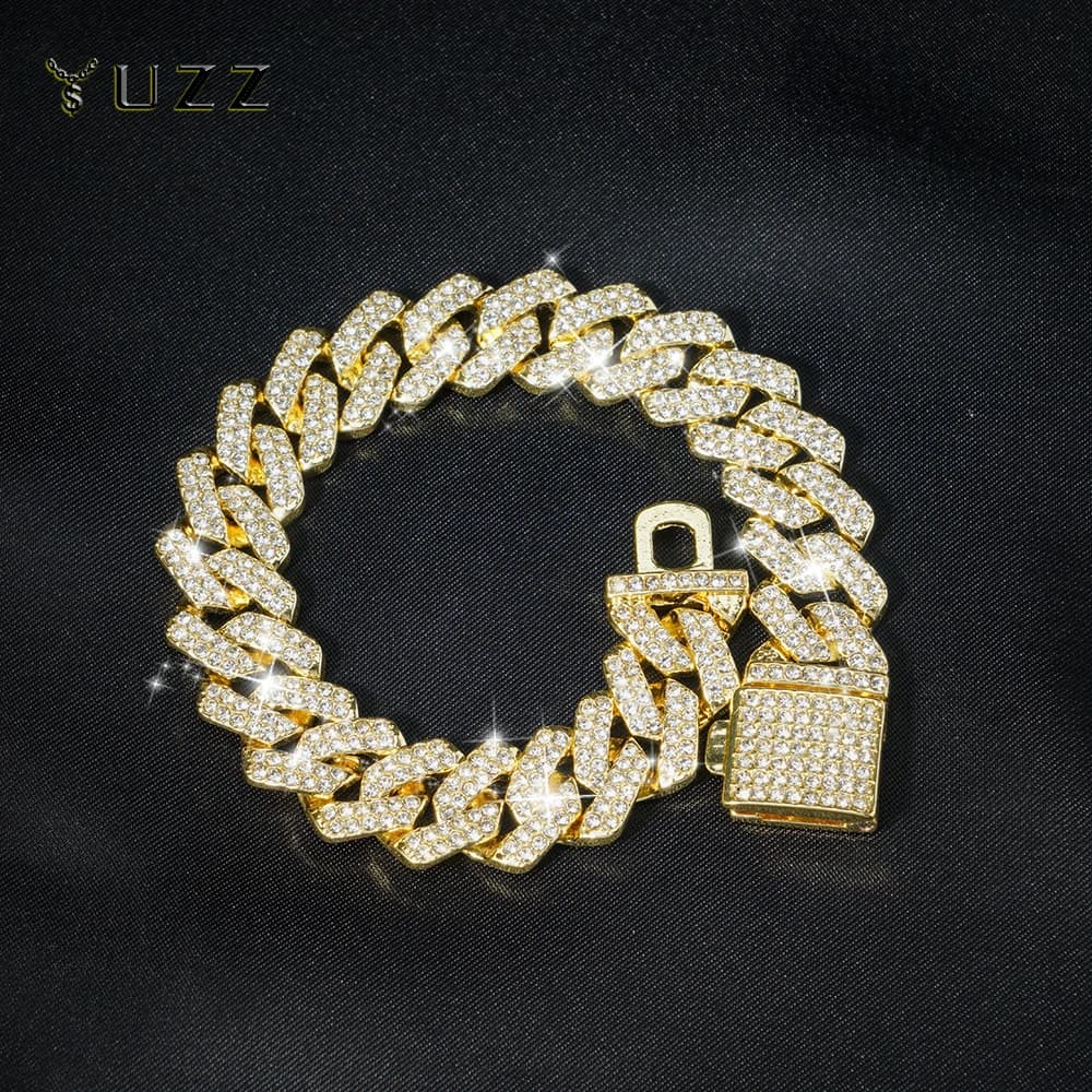 Bracciale a catena a maglia cubana Hip Hop da 15 mm per uomo Braccialetti Miami con strass ghiacciati color argento Punk da donna con chiusura a scatola regalo