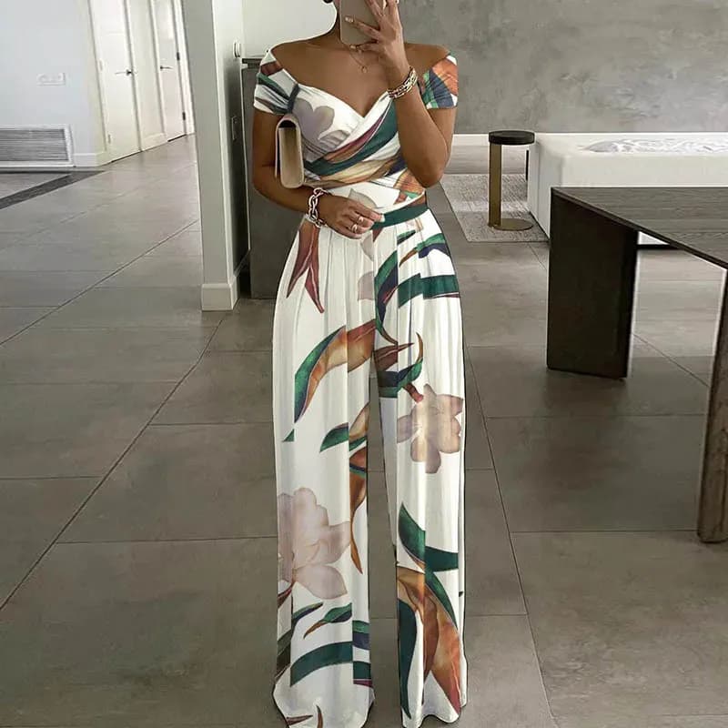 Women's Printed Wide Leg Jumpsuit Elegant V-Neck Clothing Short Sleeved Jumpsuit Spring and Autumn Fashion 2025