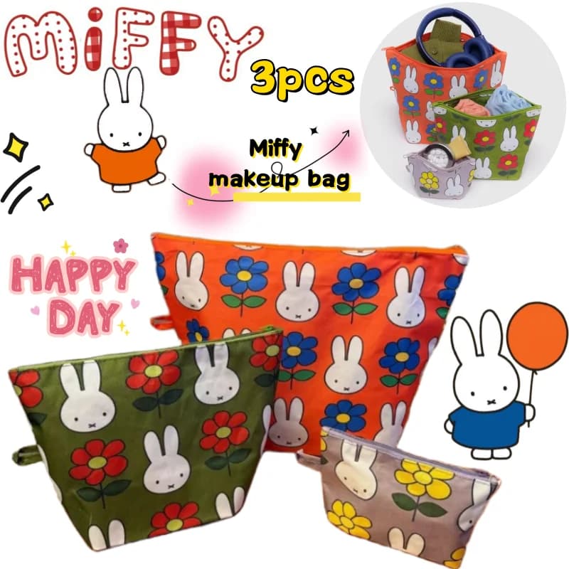 Set di 3 Borse Cosmetiche Miffy di Alta Qualità con Stampa Digitale Cartoon, Borsa Multifunzione Portatile per Uomo e Donna