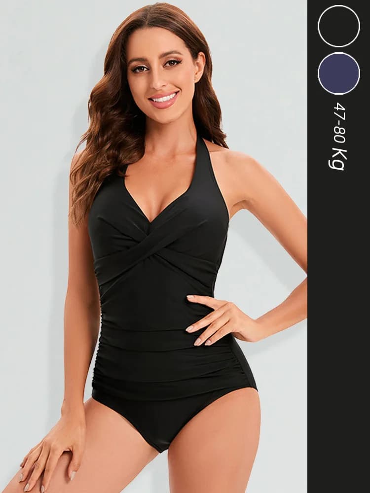 Costume da bagno intero sexy nero con scollo a V da donna, estivo, che copre la pancia, snellente, taglie forti, per ragazza, per sorgenti termali