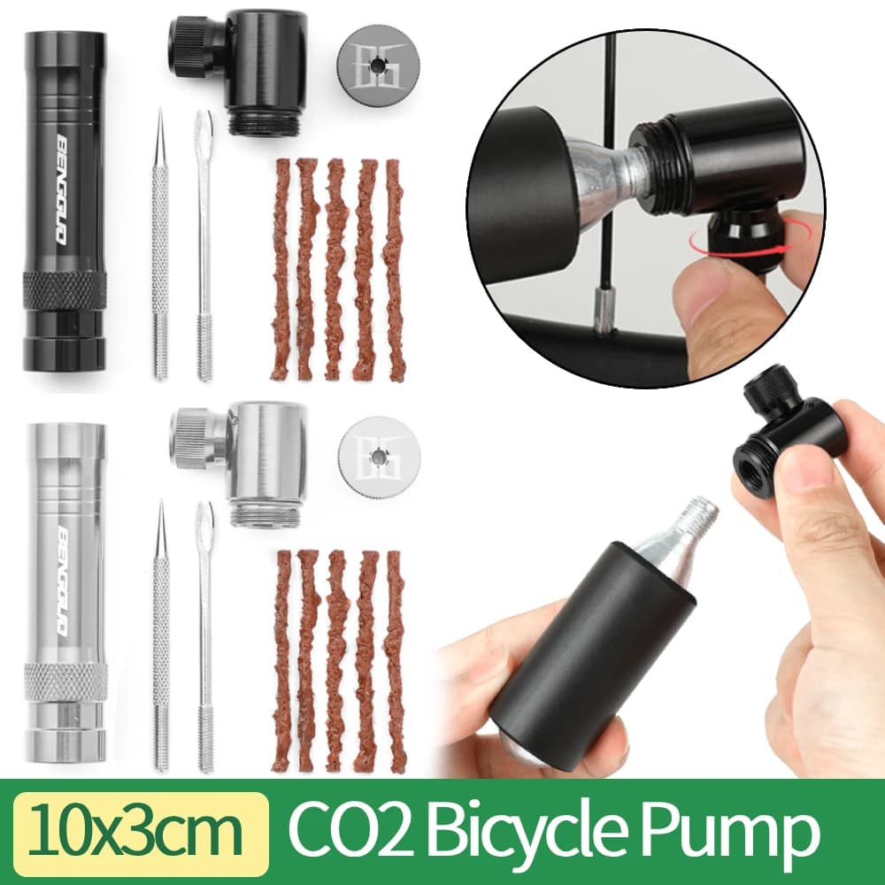 Pompa per Bicicletta CO2 con Kit di Riparazione Pneumatici Tubeless, Gonfiatore per Pneumatici Bici CO2 con Valvola Schrader, Accessori per Biciclette in Lega di Alluminio