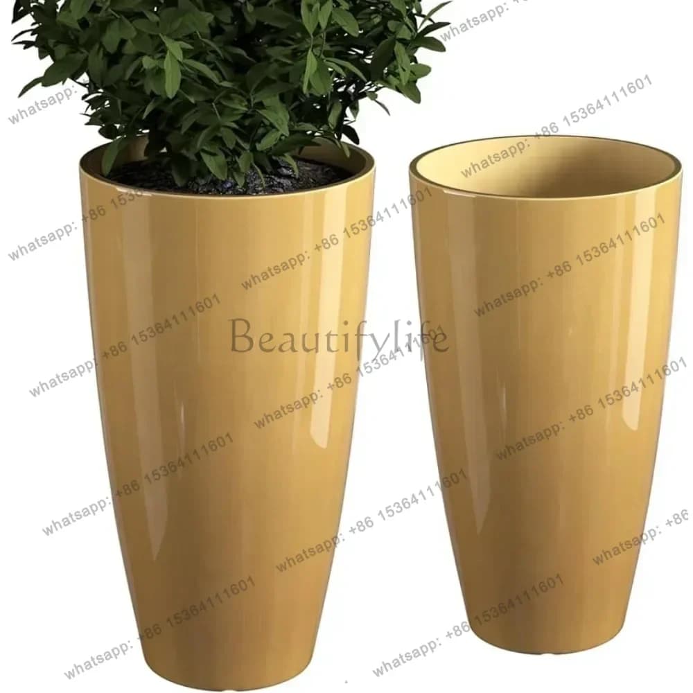 Set of Exterior Plants, Indoor High Vases with Draining Hole, Containers for Flowers, Golden