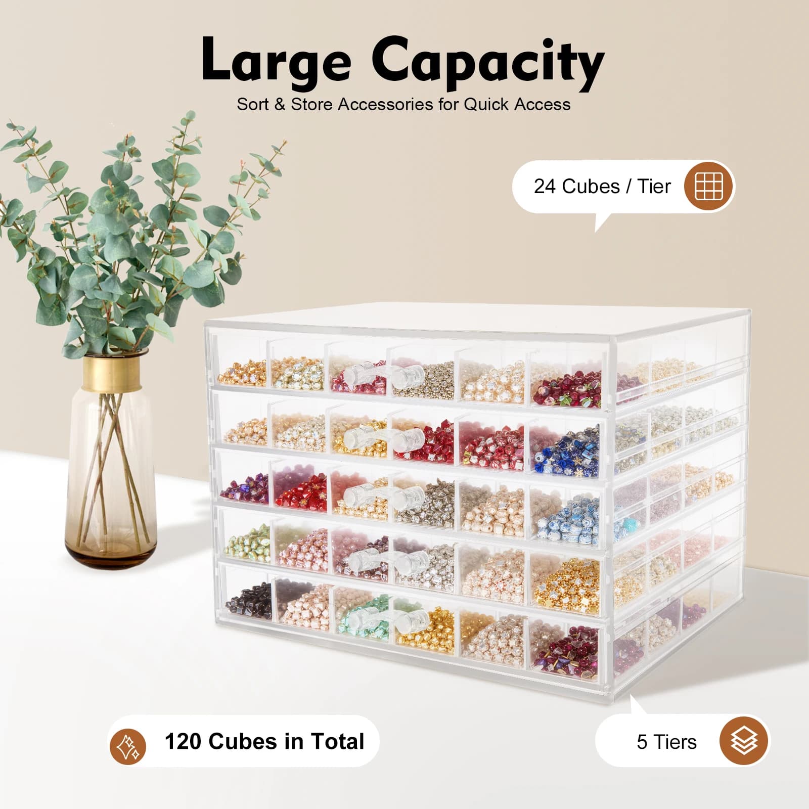 Transparent acrylic nail art box, 5 layers drawer design, 120 compartments, for nail decorations, powders, sequins, organizer