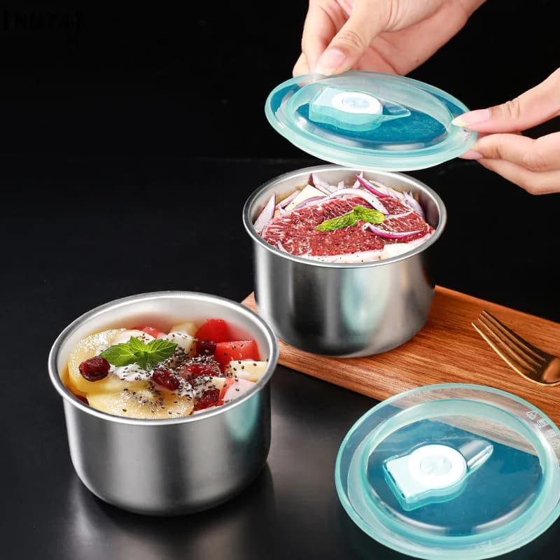 Stainless Steel Food Container Fresh Keeping Bowl Sealed Lid Crisper Lunch Meal Prep Storage Fridge Kitchen Set Round Bowl[J]