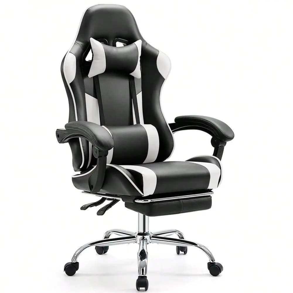 Sedia da Gaming Reclinabile, Sedia da Computer in Pelle PU con Poggiapiedi, Supporto Lombare, Poggiatesta e Braccioli Fissi