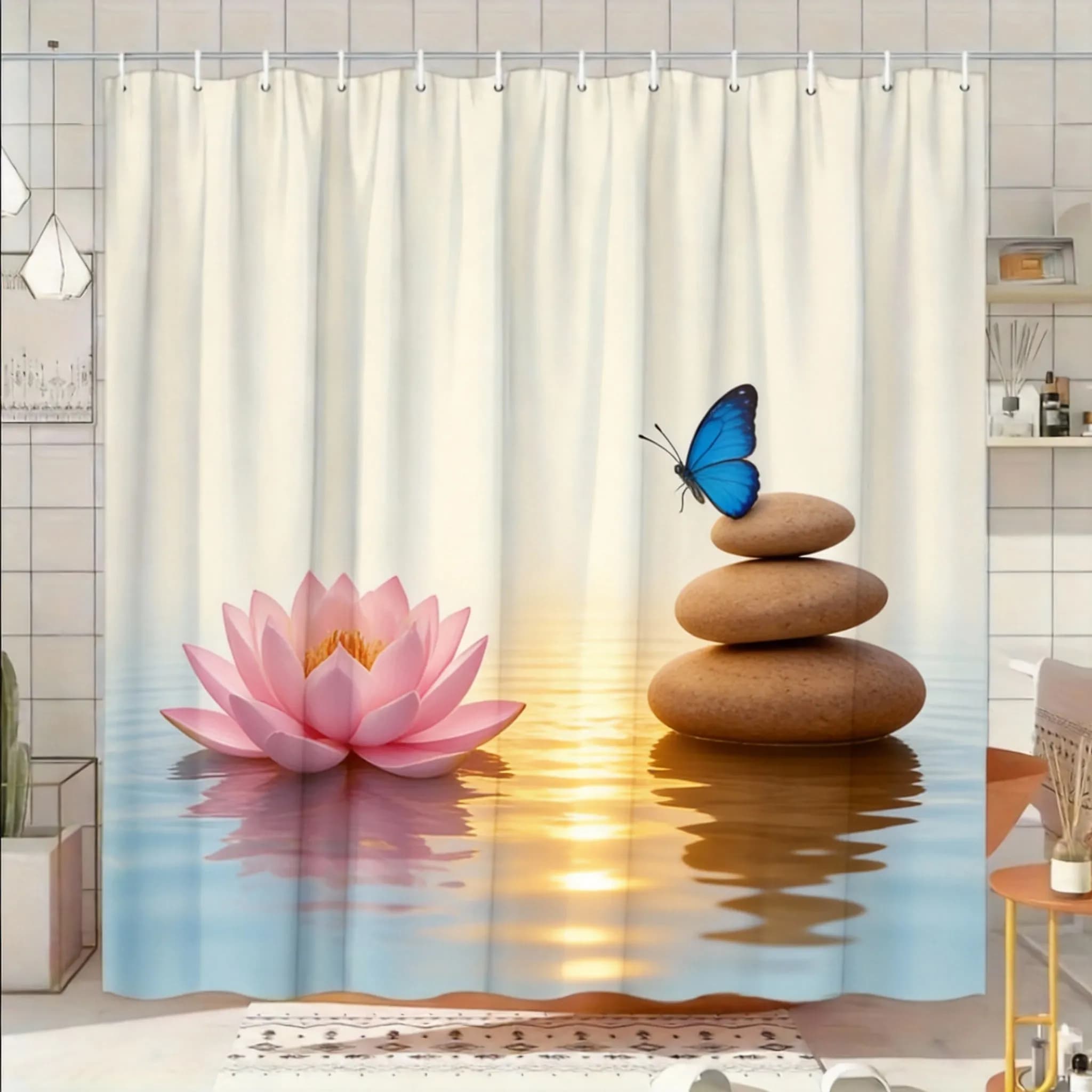 Tenda da doccia Tranquil Lake 180x180 cm – Design con giardino di loto e pietre, decorazione per il bagno ispirata alla natura, 12 ganci
