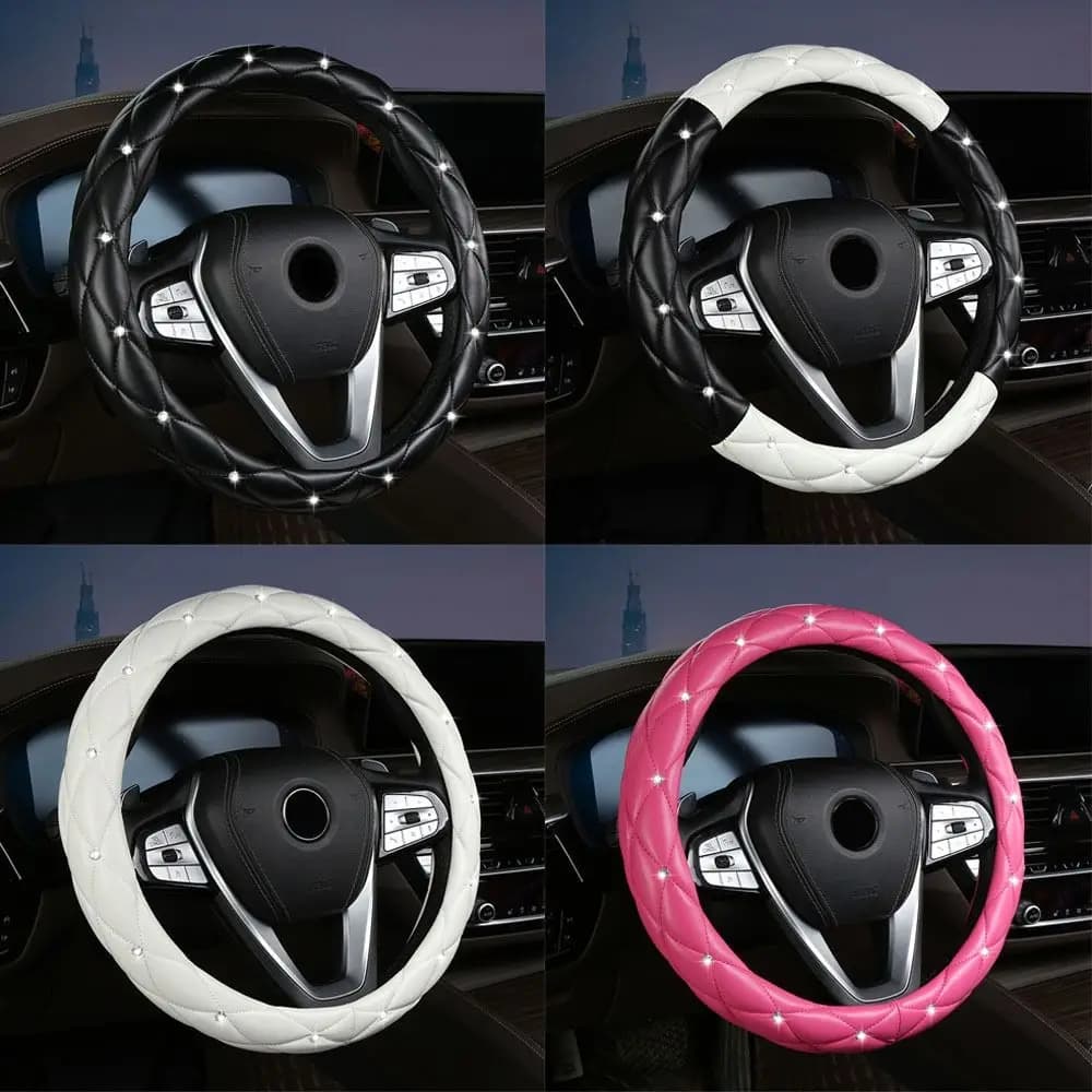 Coprivolante per auto in pelle PU da donna alla moda Custodie per copriruota per auto con diamanti neri rosa per accessori per auto da donna