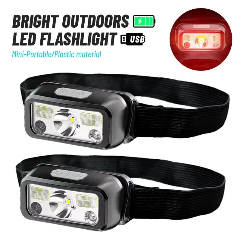 Lampada frontale a induzione a LED ricaricabile tramite USB con luce rossa, torcia frontale impermeabile per esterni per pesca, campeggio, corsa notturna
