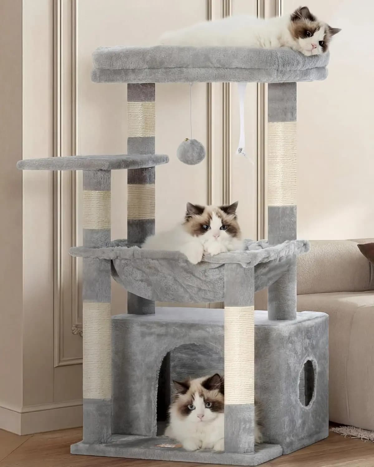 Tiragraffi per Gatti, Torre per Gattini con Grande Cesto Morbido, Cuccia per Gatti con Ampio Spazio Nascosto, Rivestito in Sisal
