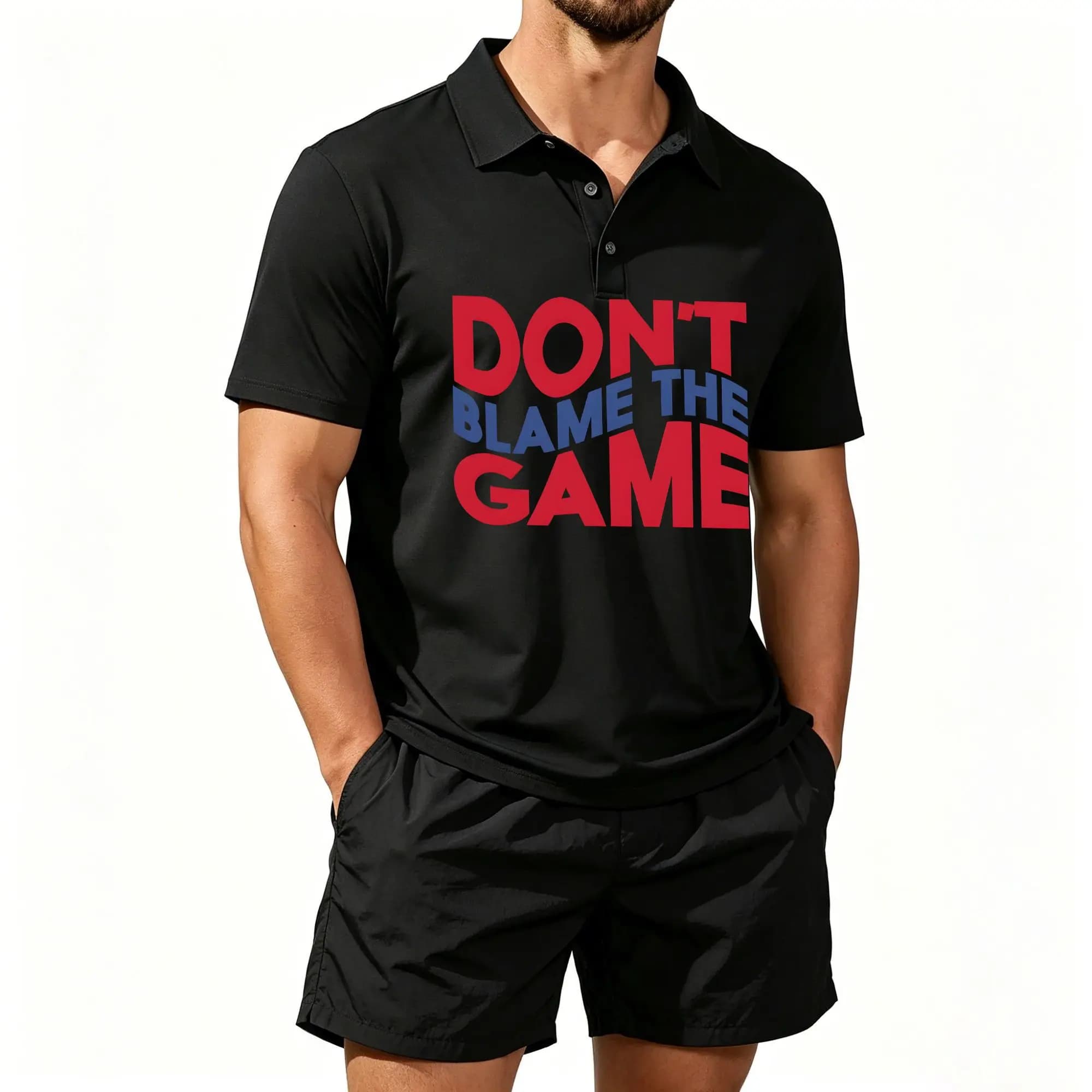 Men's Polo Beach Shorts Set, Featuring a Fun Slogan, Casual and Comfortable Fit