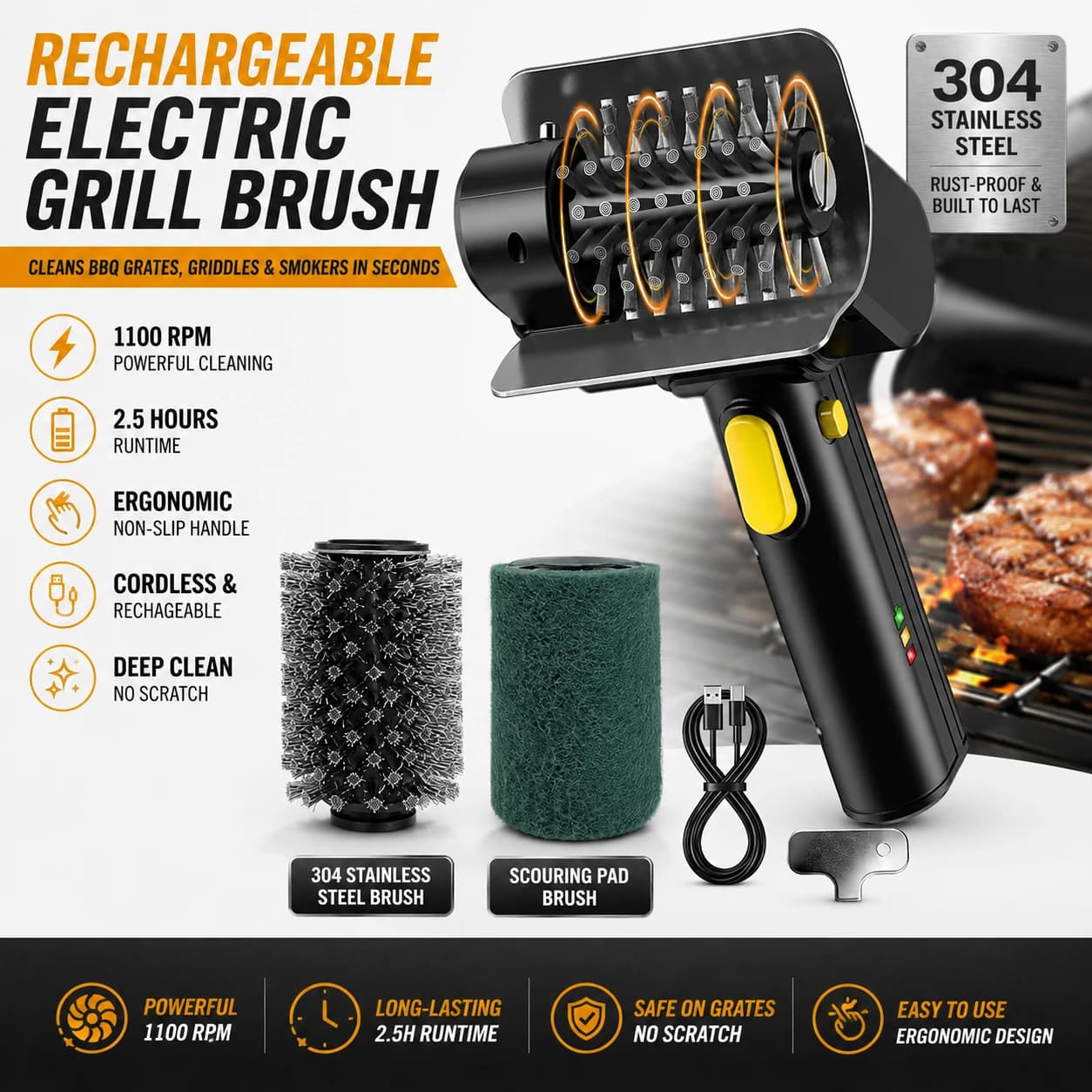 Spazzola Elettrica Ricaricabile per Griglia 1100RPM, Strumento per Pulizia Barbecue 3.7V, Manico Ergonomico Antiscivolo, 2000mAh, per Griglie da Esterno e Cucina