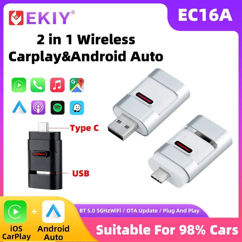 EKIY Adattatore Carplay Wireless 2 in 1 Plug and Play Adattatore CarPlay Android Auto Wireless Double-sided USB Tipo C
