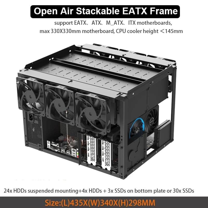 Staffa per computer impilabile con 28 HDD Open Air Frame Mining Case EATX ATX Micro-ATX ITX Banco di prova per Crypto Rig AI GPU Build