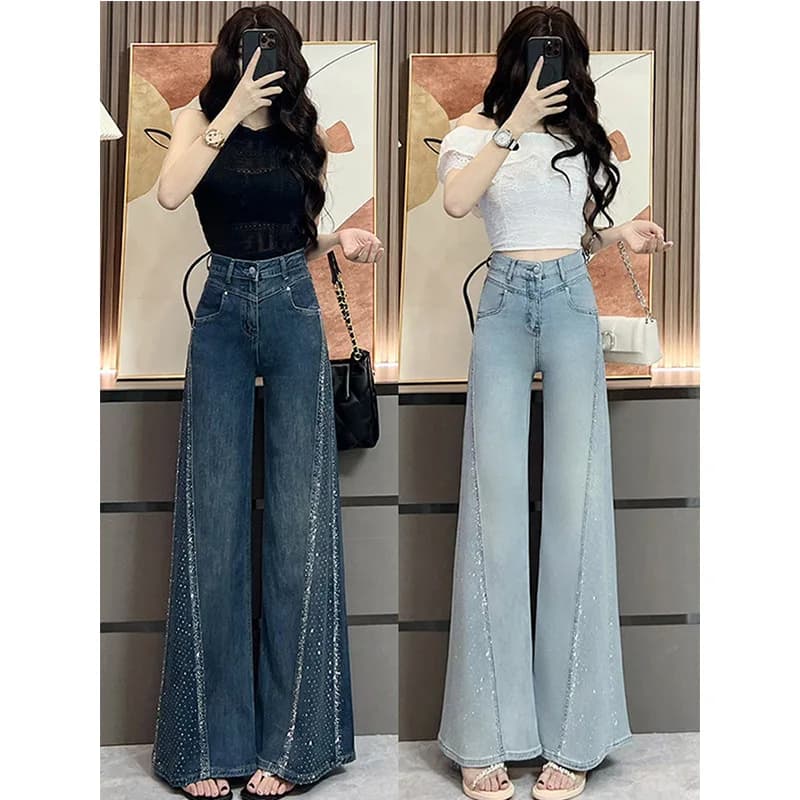 Jeans a Zampa Larga da Donna 2026 Estivi a Vita Alta con Strass, Lussuosi e Chic, in Denim, Slim, di Design, alla Moda, Streetwear, di Tendenza