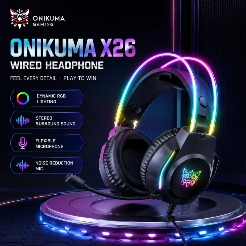 ONIKUMA X26 Gaming Headset Wired RGB Headphones 50mm Stereo Sound Flexible Noise Reduction Mic For PC PS4 PS5 Xbox Laptop Gamer