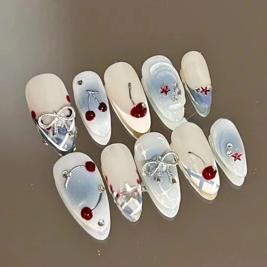 10 pcs. Fin Nails Adhesive Medium to Mandorla, Sweet and Carine, with Fresh Cherry, French Acrylic, Flakes, Stars and Diamonds for Nail Art