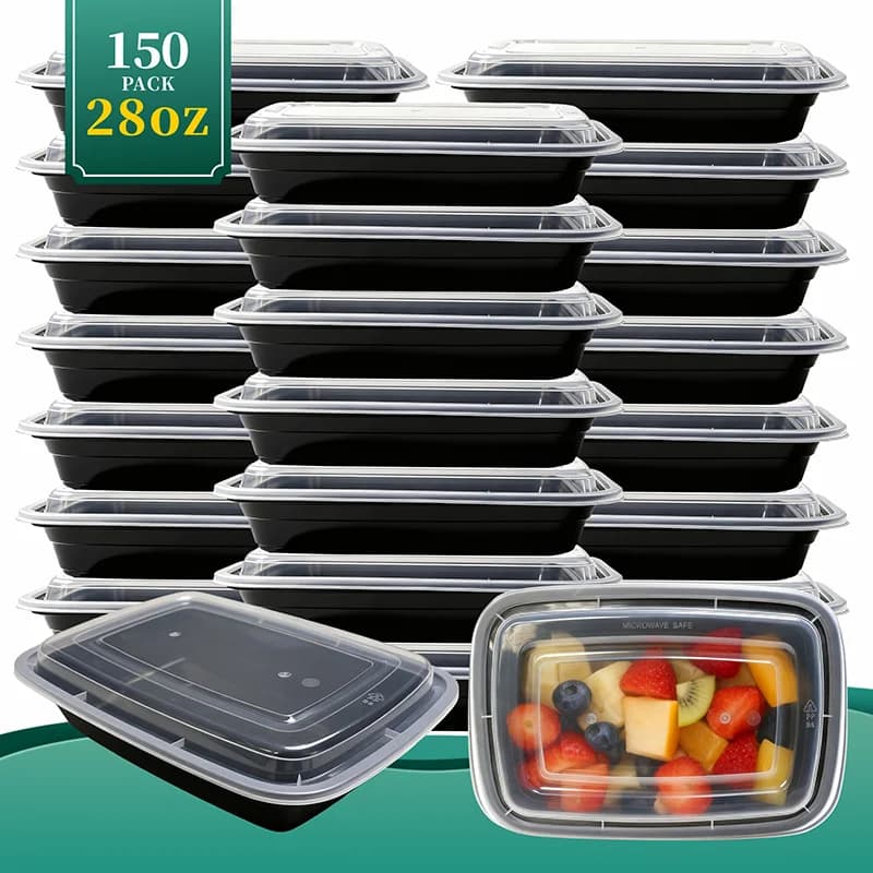 Confezione da 150 Contenitori Rettangolari per Preparazione Pasti da 24/28/32/38 OZ con Coperchi – Scatole Bento Riutilizzabili per Conservazione Alimenti, 1 Scomparto, Robuste, L