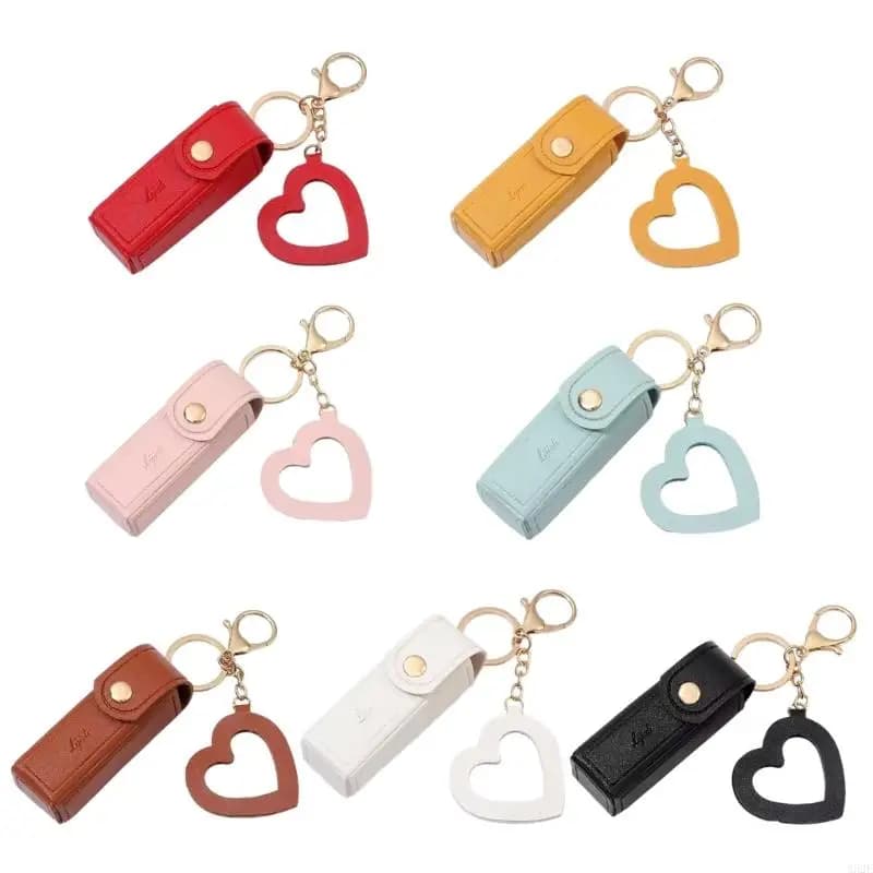652F Portachiavi per rossetto Borsa per rossetto in pelle con ciondolo a cuore per donna Custodia portatile per lucidalabbra per zaino da viaggio