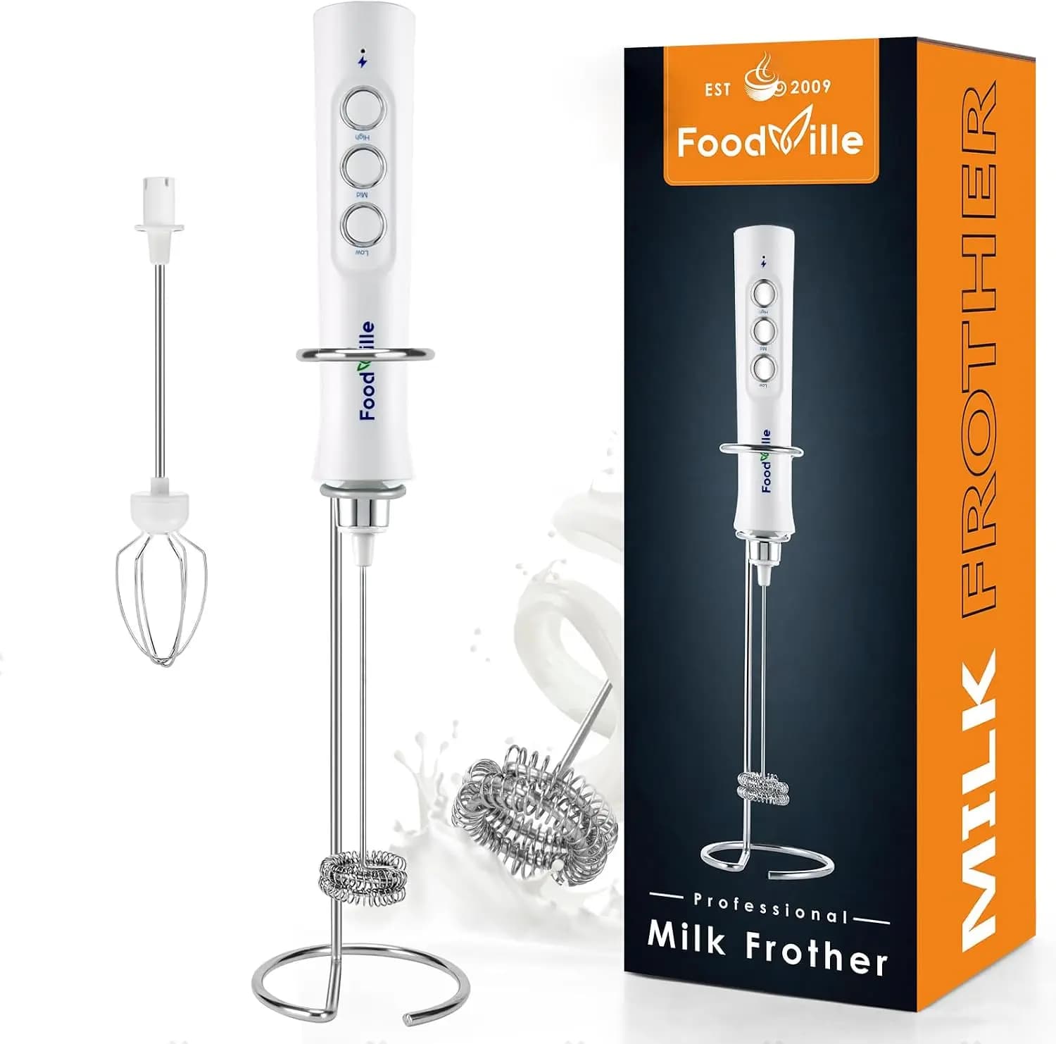 Rechargeable Milk Frother Handheld Foam Maker with Stainless Whisk for Cappuccino, Latte, Coffee, Protein Shake, Matcha (White)