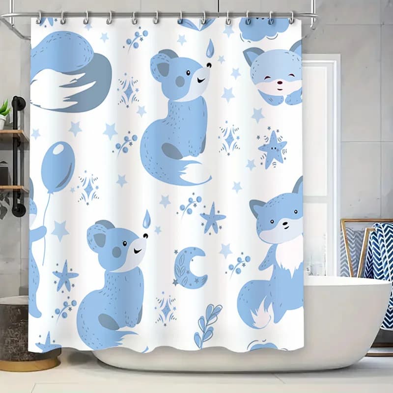 Tenda da doccia simpatico cartone animato animale blu per bambini Arredamento bagno Pannello decorativo per finestra lavabile impermeabile bianco