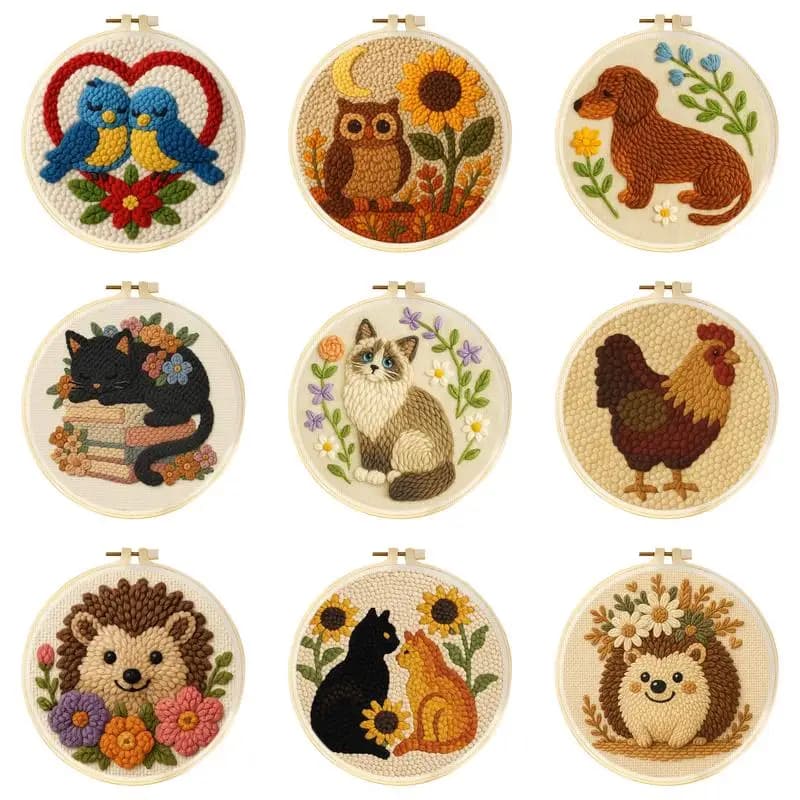 Diy Punch Needle Embroidery Starter Kits For Beginner Cute Animal Patterns Cat Dog DIY Craft Set with Embroidery Frame Home Wall