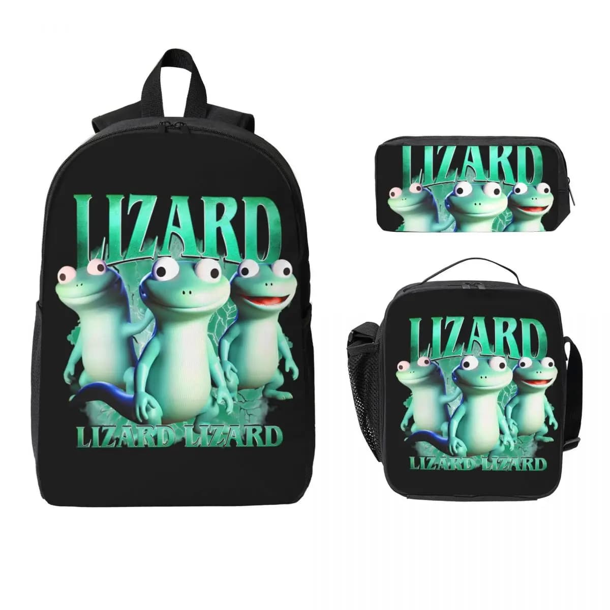 3pecs/set Lizard Meme Funny Retro Backpack for Boys Girls Canvas Bags Lunch bag Pencil Case