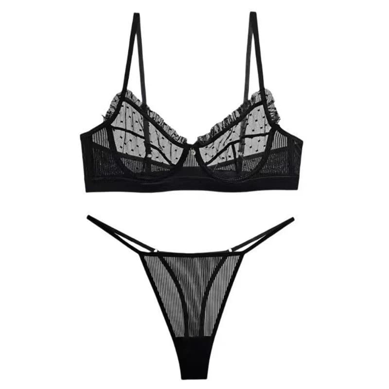 Women Sexy Bra Set See Through Thin Lingerie Micro Bikini Thong Underwear Bra and Panty Set