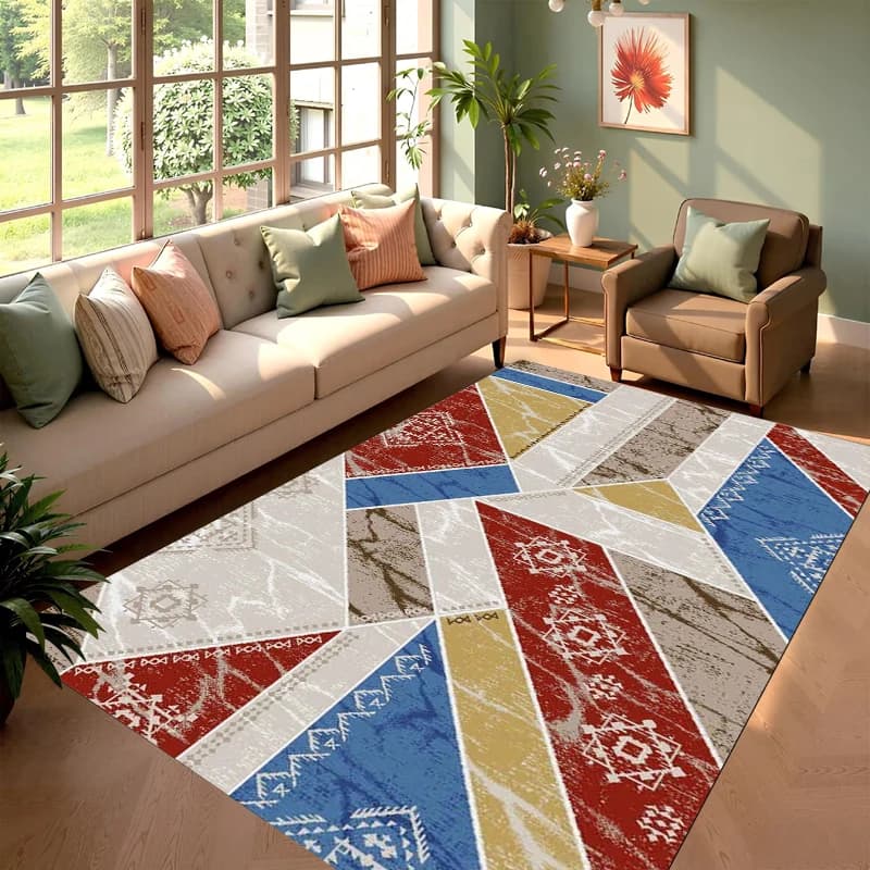 Tappeto Antiscivolo con Motivi Geometrici Colorati, Stile Tribale per Spazi Moderni e Boho