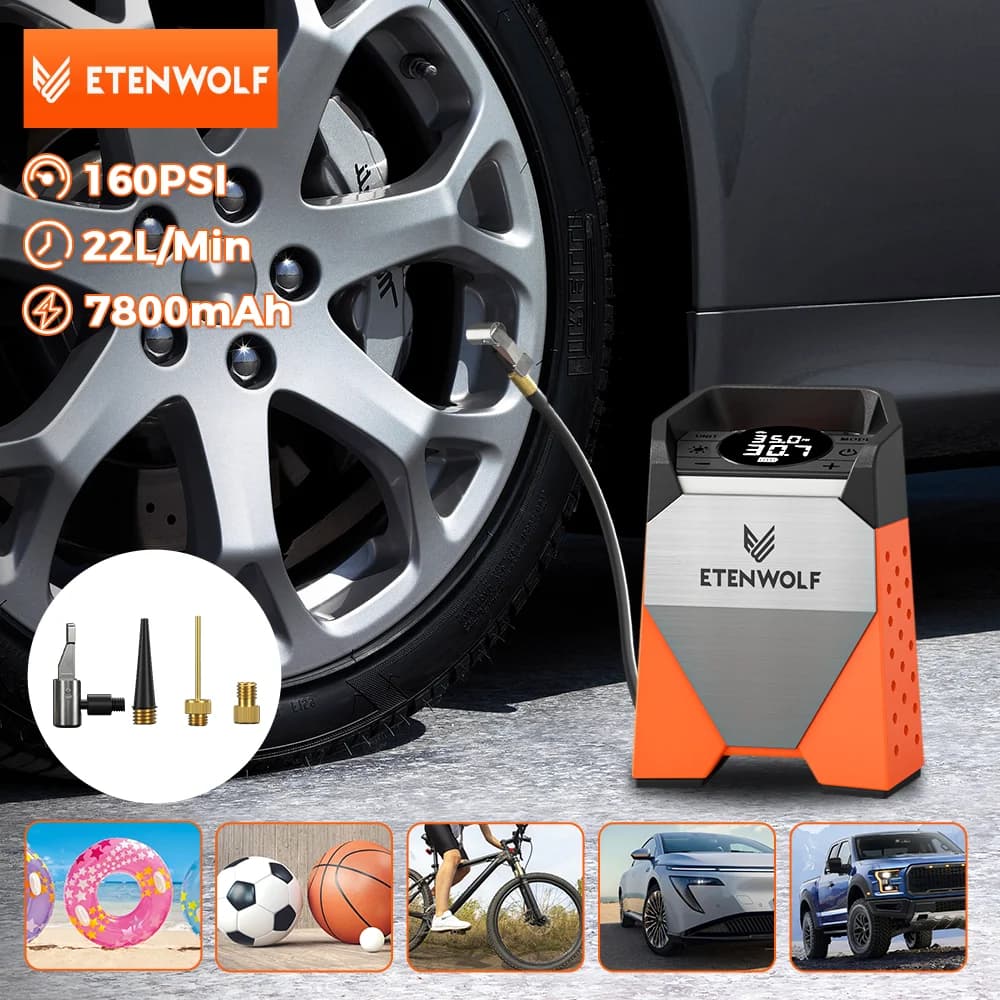 ETENWOLF ZEPHYR S3C Portable Air Compressor 100% Duty Cycle Car tyre inflatable 7800mAh for cars, motorcycles, bicycles Palle