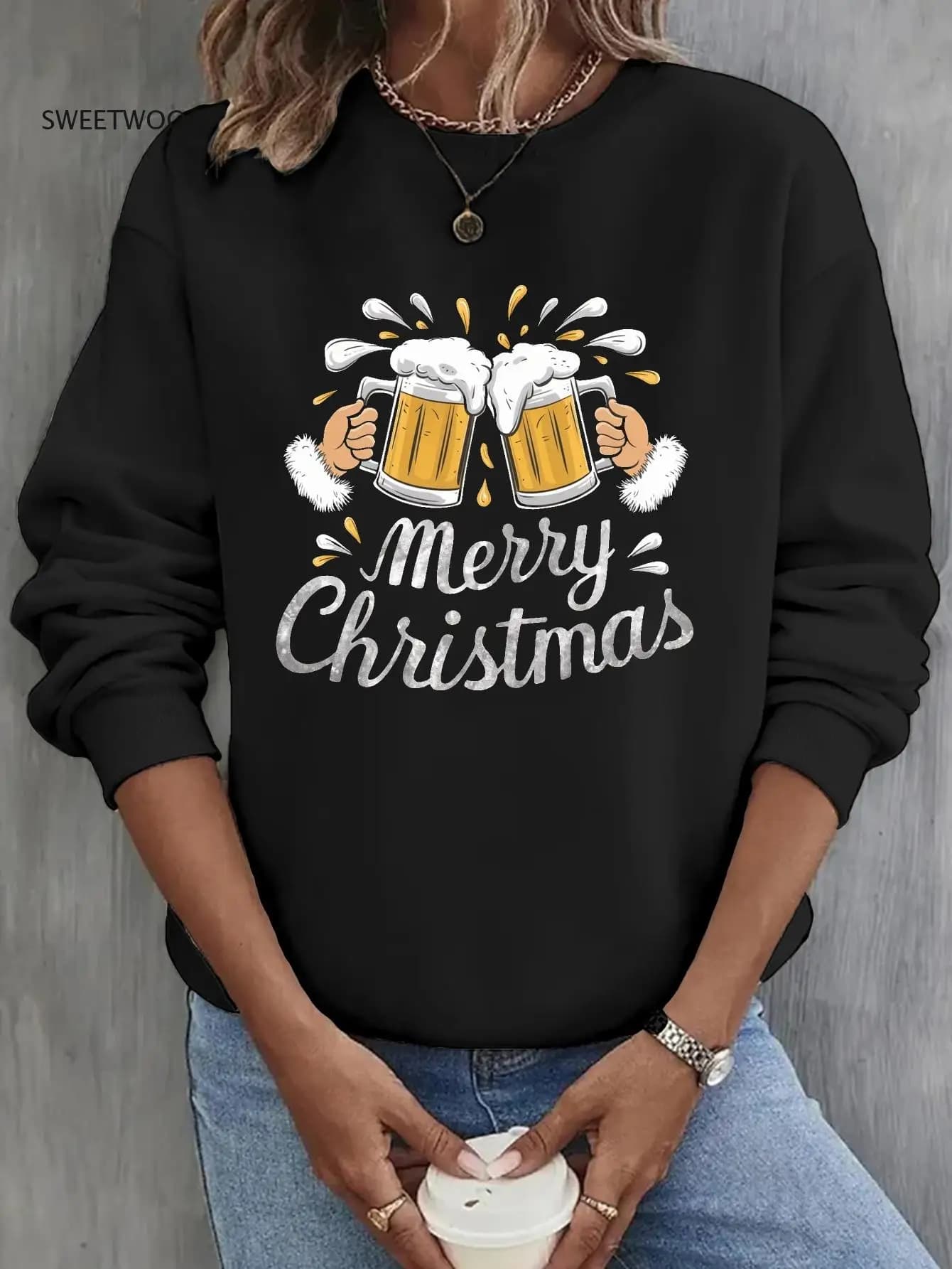 Felpa grafica festiva con tazza di birra natalizia: comodo pullover girocollo da donna, perfetta per l'autunno e la primavera