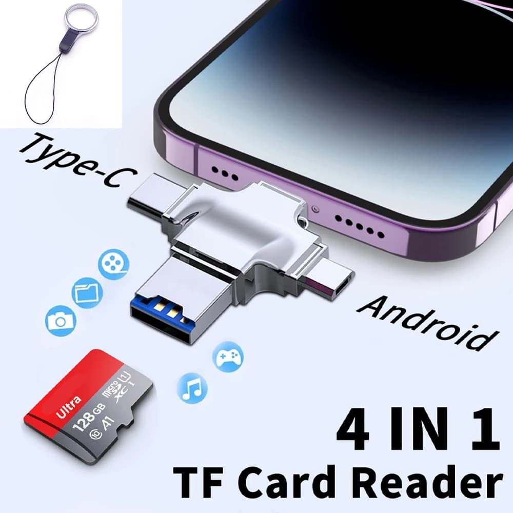 Lettore di schede di memoria 4in1 con portachiavi Adattatore per schede da USBC a SD TF per iPhone Telefono Samsung Xiaomi Huawei iOS Trasferimento dati Android