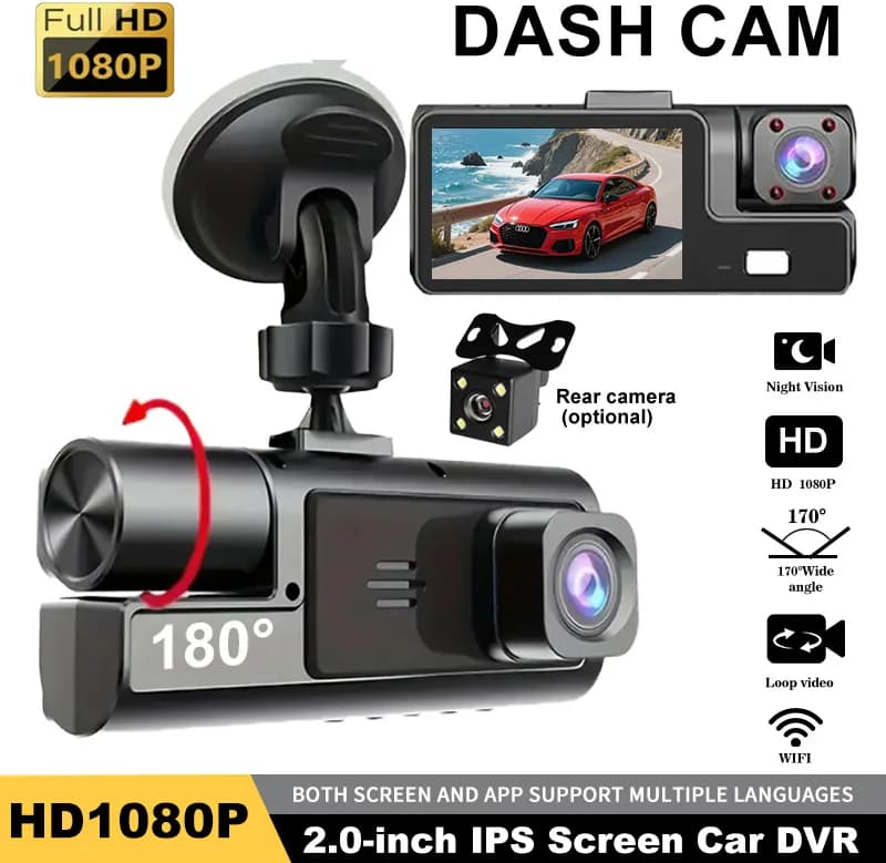 Registratore Video per Auto a Tripla Visione 1080P, 3 Canali, Telecamera Anteriore e Posteriore, Visione Notturna Migliorata, Dispositivo DVR Auto
