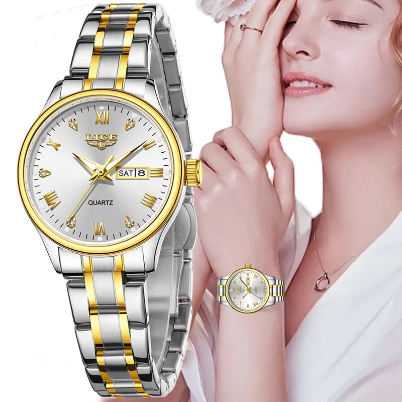 Orologio LIGE Fashion Gold da donna, casual, semplice, con giorno e data, al quarzo, sportivo, impermeabile, con cinturino.