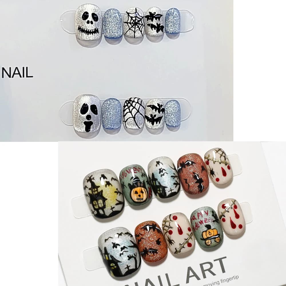 10Pcs Halloween Cute Chic Pumpkin and Little Ghost Troublemaker Press on Nails Fake Nails Nail Art Nail Painted Handmade Patch