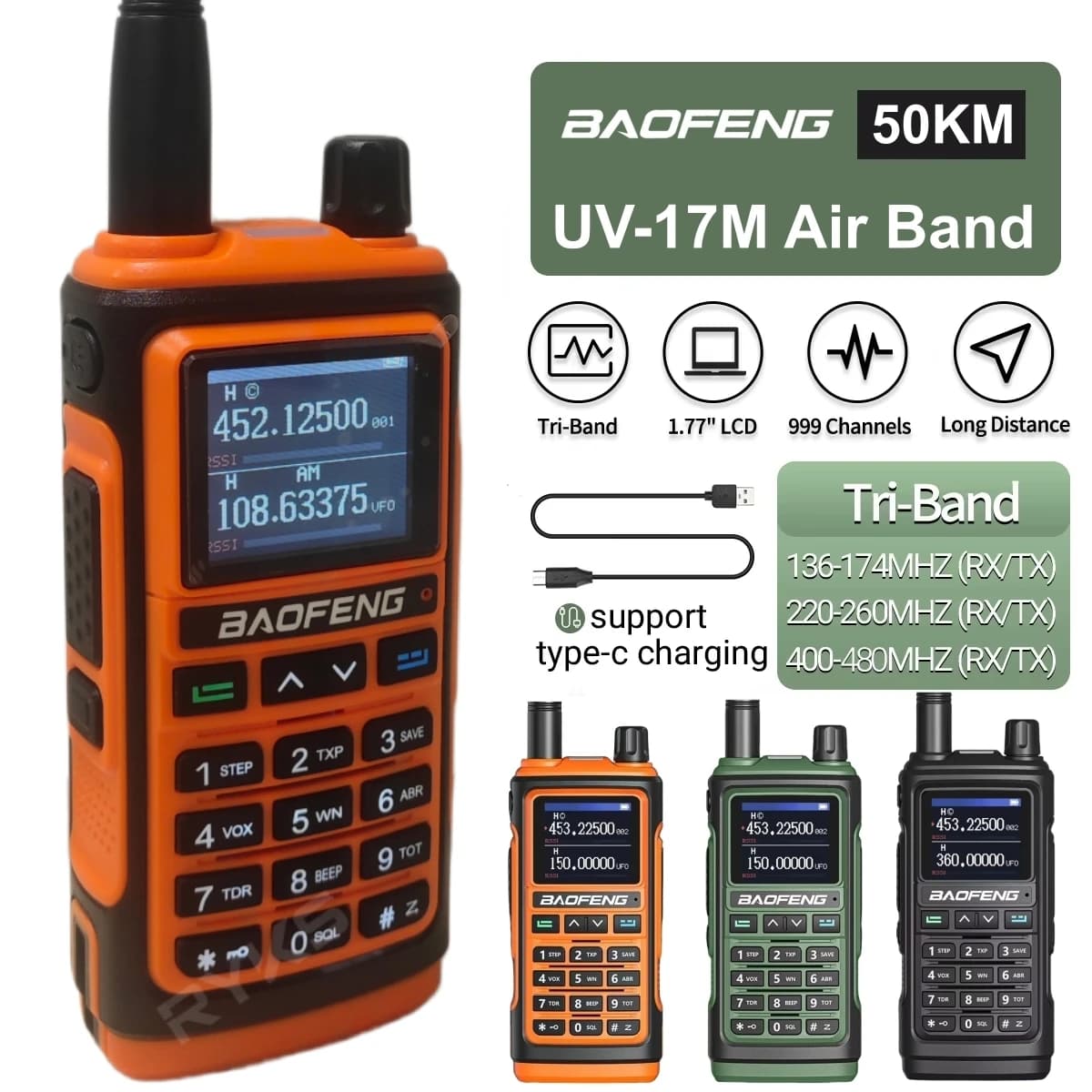 Ricetrasmettitore Baofeng UV-17M/UV-17R Arancione, 10W/2W, 6 Bande di Frequenza, Copia Frequenza Wireless, Ideale per Uso Esterno