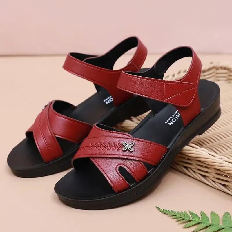 Women Flat Sole One Word Sandals Summer New Soft Sole Non Slip Leather Hollow Out Middle Aged And Elderly Velcro Sandals