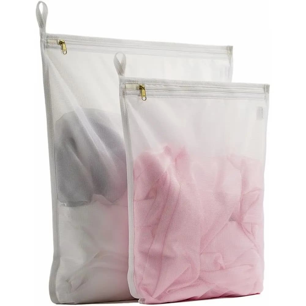 Laundry Bags, Bra Mesh Wash Bag, Underwear, Lingerie, Bra, Pantyhose, Socks, Zipper, Hanger Loops (White, 1 Large & 1 Medium)