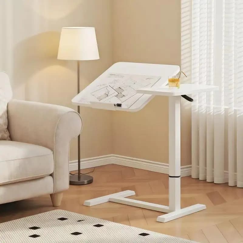 Supporto mobile per laptop con rotelle e tavolino inclinabile, vassoio con ruote e regolabile in altezza per letto o divano, bianco