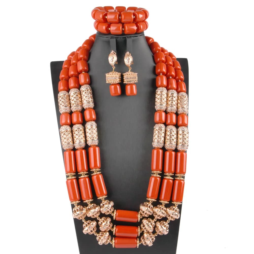 Set di Gioielli di Lusso con Perline Africane e Corallo Artificiale, Modello ABS190