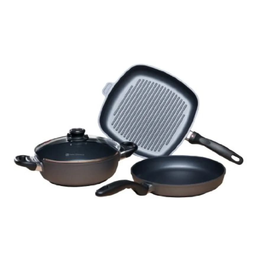 Set da 4 pezzi Casseruola con coperchio in alluminio rivestito diamantato antiaderente e padella per griglia Lavabile in lavastoviglie Grigio