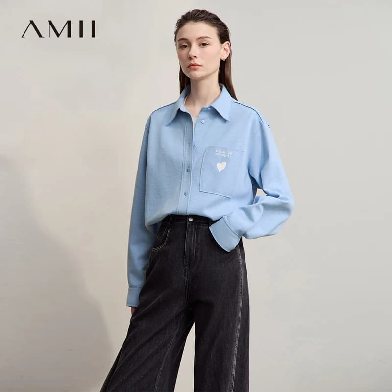 AMII Camicia da donna 2025 Autunno Nuovo Casual Stampato Versatile Camicetta da donna Maniche lunghe Maglia allentata Top in cotone Female12543174