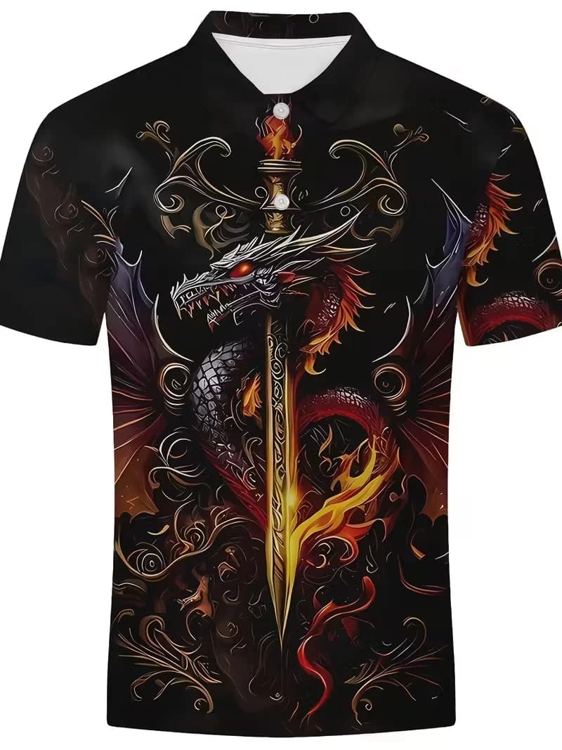 Nuova Polo da Uomo con Stampa Gotica Drago Viola Fulminante, Manica Corta, Casual Estiva, per Golf e Streetwear