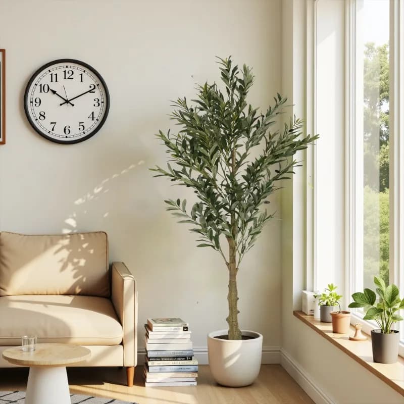Artificial olive in white vase, fake indoor plant for decoration of the living room, large fake green ornament