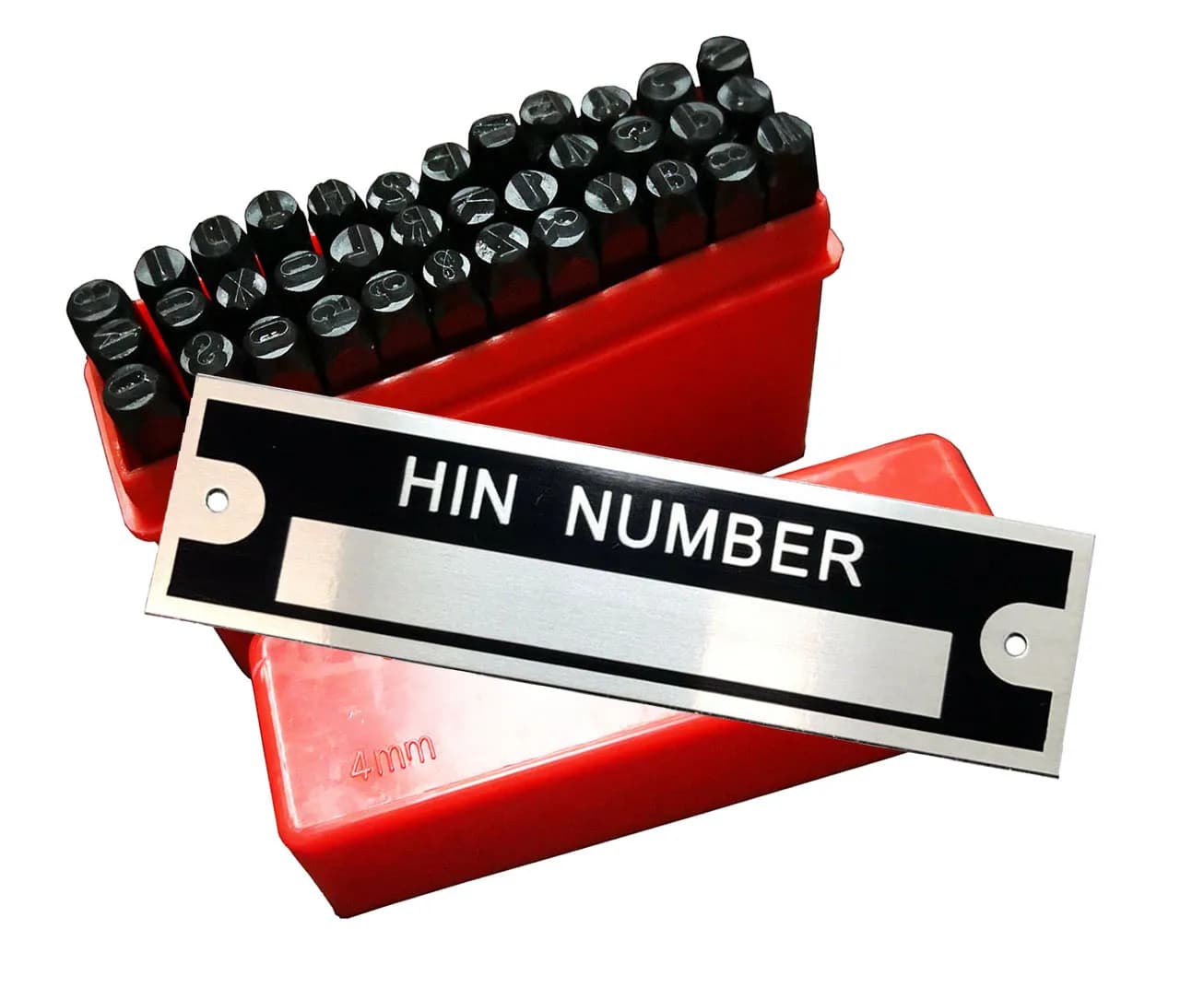 Set of punches for engraving letters, identification tag with date, data tag, VIN tag and blank weight with number