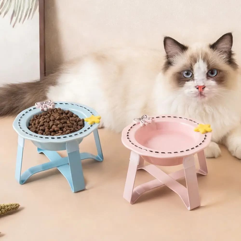 Cute Ceramic Cat Bowl Anti Slip Neck Protection Elevated Pet Feeder Bowl Stable with Stand Cat Feeding Station Wet Dry Food