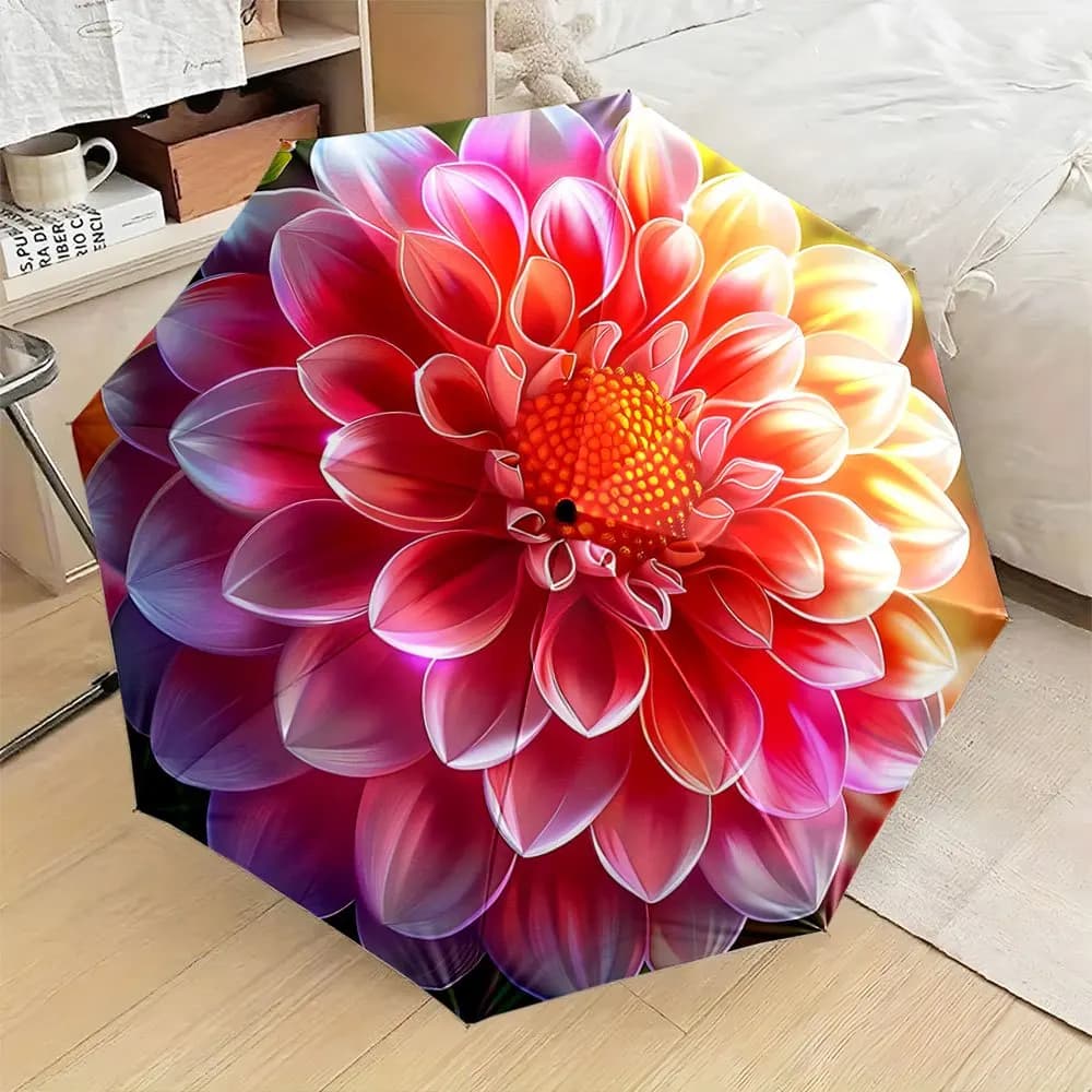 Ombrello Pieghevole Automatico con Grande Design Floreale Rosa e Arancione - Tettuccio Portatile Pieghevole a 8 Stecche, Apertura/Chiusura Automatica