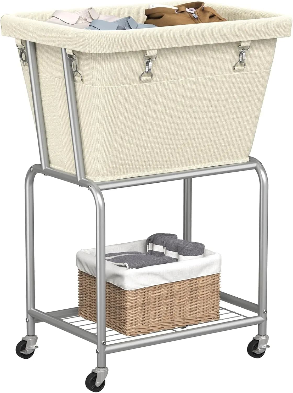 Basket with Wheels, Removable Bag, Metal Structure Resistant, 2 Level White Wallet Basket for Bedroom and Bathroom