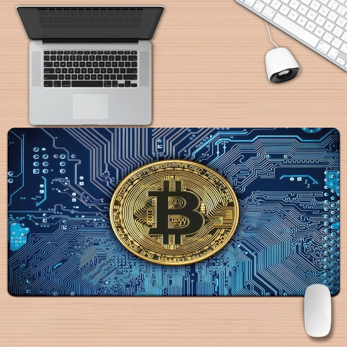 Tappetino per mouse da gioco esteso con circuito Bitcoin Crypto, base in gomma per PC, laptop, ufficio